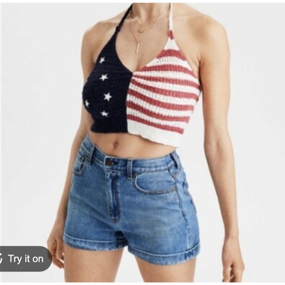 American Eagle Womens American Flag Crochet Cropped Halter Top Size Small